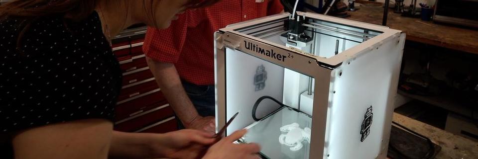Mara about to remove finished 3D frog from printer